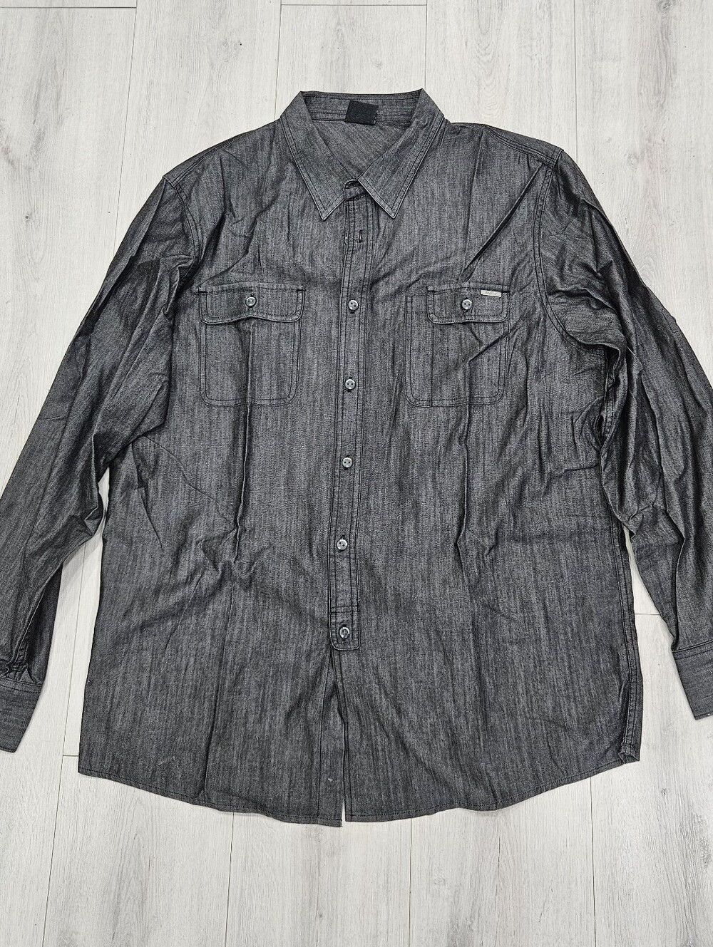 VTG Oakley Charcoal Gray Chambray Cotton Denim Button Shirt Rockabilly XL Y2K